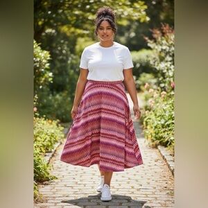 Avenue Pink and Red Midi A-Line Skirt